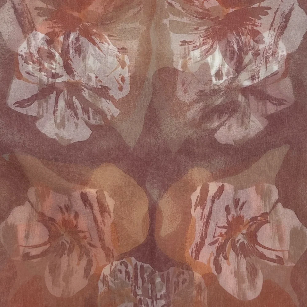 Vintage Silk Scarf Luxury Floral Botanical Print Hibiscus Flower Tan Coral Ivory